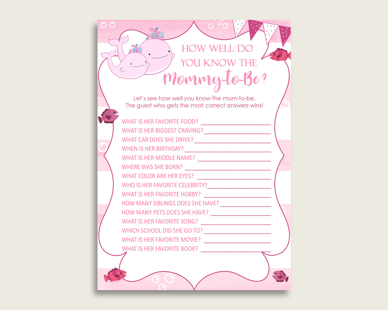 Pink White How Well Do You Know Mommy Game, Pink Whale Baby Shower Girl, Who Knows Mommy Best Printable, Popular Baby Whale wbl02