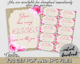 Roses On Wood Bridal Shower Guess How Many Kisses Game in Pink And Beige, how many kisses, light shower, paper supplies, party theme - B9MAI - Digital Product