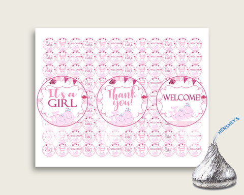 Pink Whale Hershey Kisses Circle Printable, Pink White Hershey Kisses Labels Round Digital, Girl Baby Shower, Instant Download, wbl02