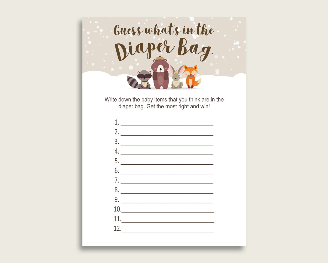 Winter Woodland Guess What's In The Diaper Bag Game, Gender Neutral Baby Shower Beige Brown Diaper Game Printable, Instant Download, RM4SN