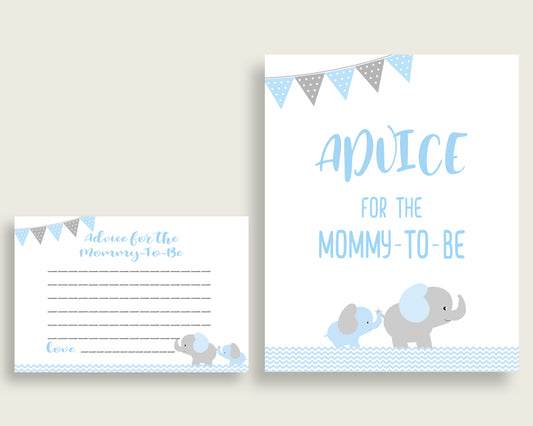 Elephant Advice For Mommy To Be Cards & Sign, Printable Baby Shower Blue Grey Advice For New Parents, Instant Download, Most Popular ebl02