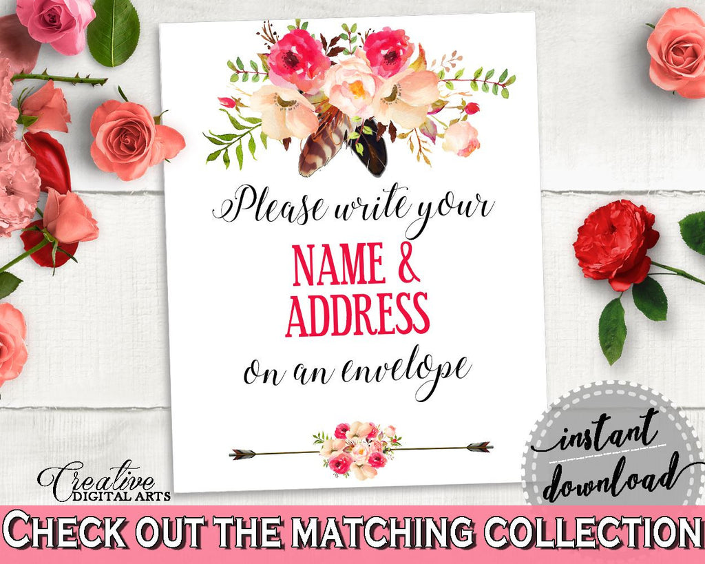 Pink And Red Bohemian Flowers Bridal Shower Theme: Write Your Name And Address Sign - lettermate, stylish bridal, party planning - 06D7T - Digital Product
