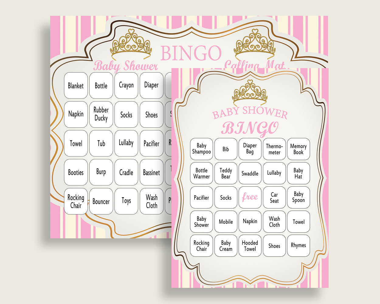 Royal Princess Baby Shower Bingo Cards Printable, Pink Gold Baby Shower Girl, 60 Prefilled Bingo Game Cards, Tiara Crown Gold rp002