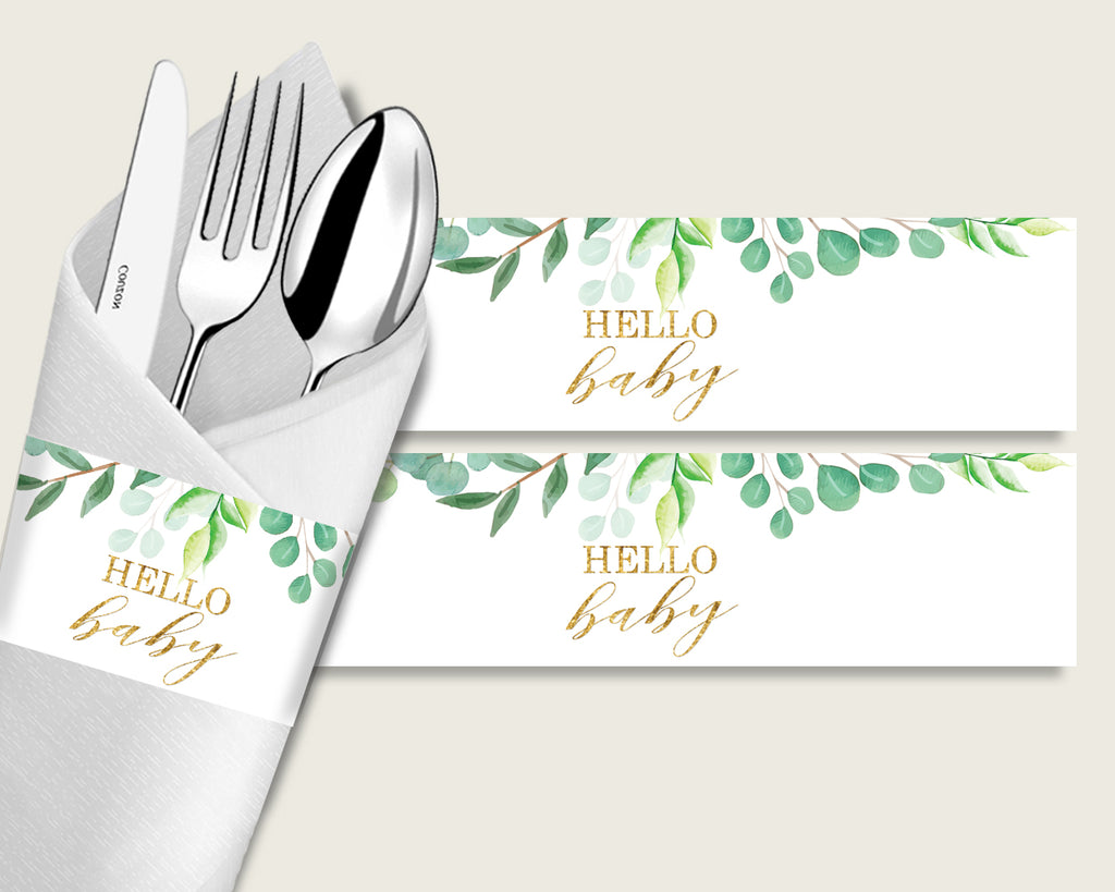 Greenery Baby Shower Napkin Rings Printable, Green Gold Napkin Wrappers, Gender Neutral Shower Utensils Wrap, Instant Download, Y8X33