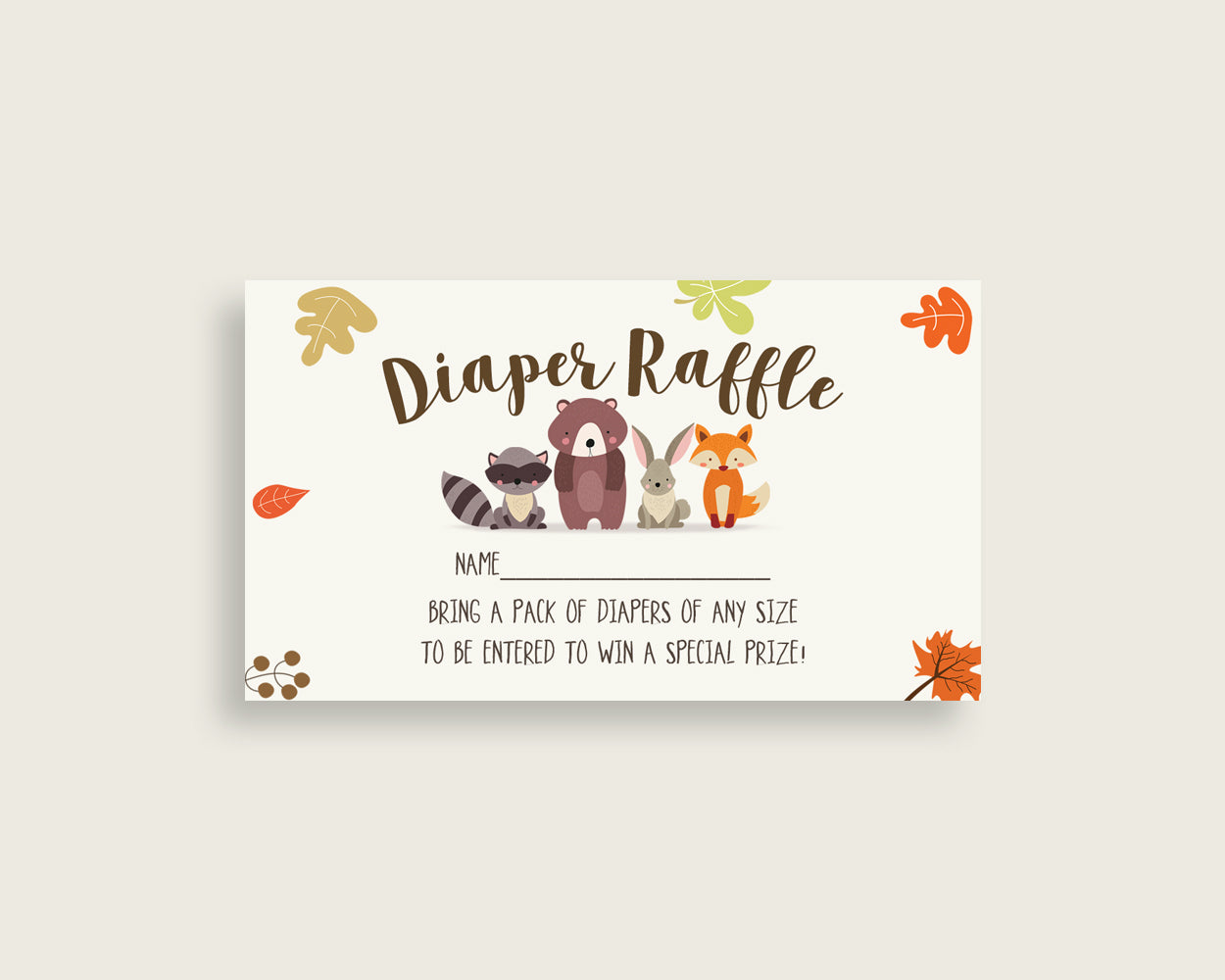 Woodland Baby Shower Diaper Raffle Tickets Game, Gender Neutral Brown Beige Diaper Raffle Card Insert and Sign Printable, Instant w0001