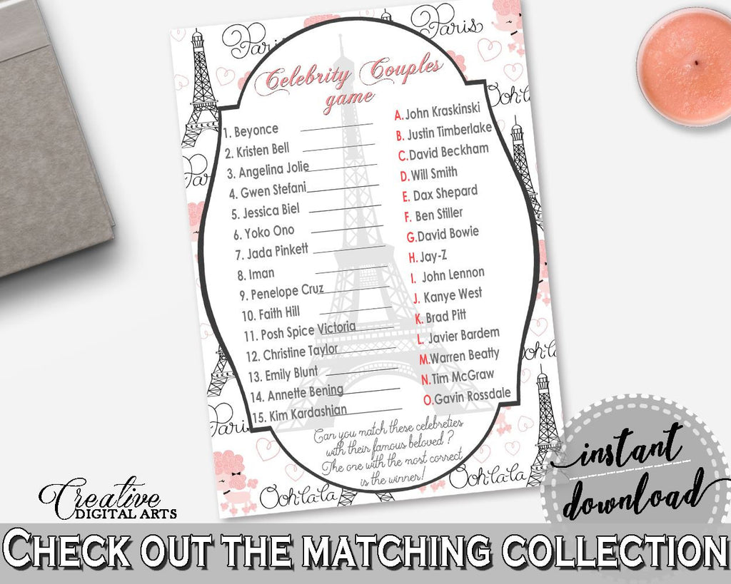 Paris Bridal Shower Celebrity Couples Game in Pink And Gray, famous couples game, paris theme bridal, party theme, shower activity - NJAL9 - Digital Product