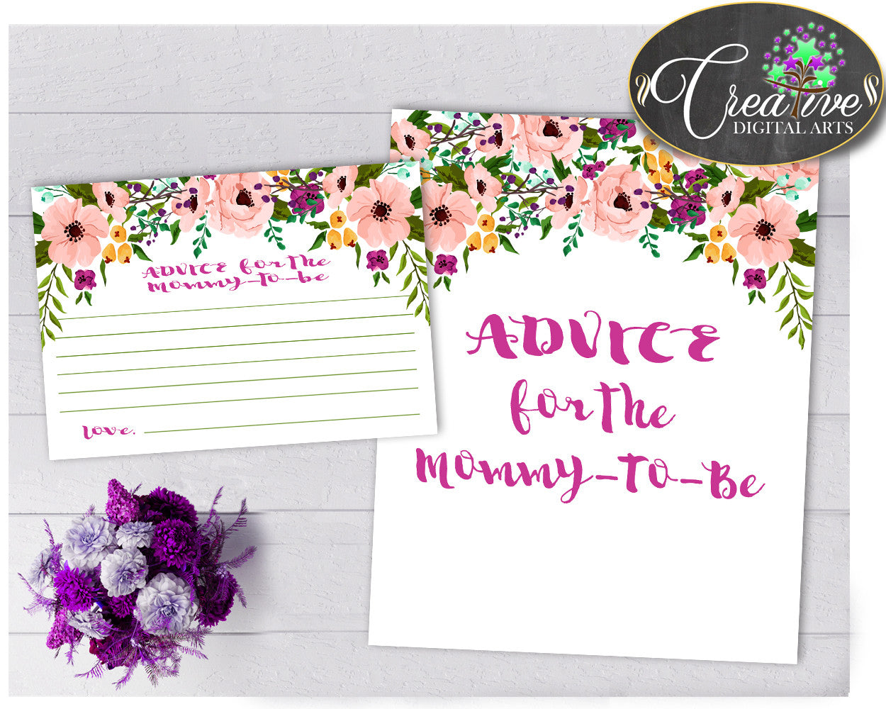 Floral Advice For The Mommy To Be and Advice For The New Parents baby shower activities flower pink theme, Jpg Pdf, instant download - flp01