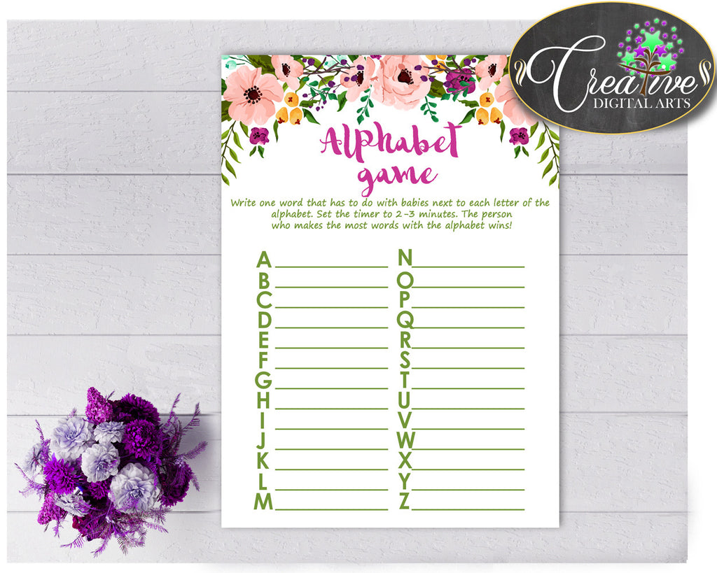 Baby Shower Girl Watercolor Flowers ALPHABET game with floral pink theme printable, digital file, Jpg and Pdf, instant download - flp01