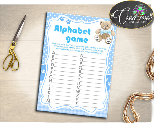 Teddy Bear Baby Shower Boy ALPHABET game, teddy bear printable, baby shower blue, digital file, jpg and pdf, instant download - tb001