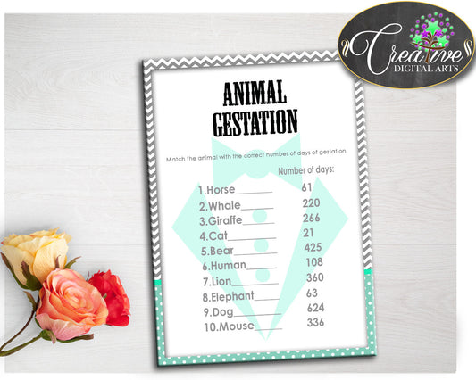 Baby Shower Little Man ANIMAL GESTATION gentleman game with mint green gray color printable, digital files pdf jpg, instant download - lm001