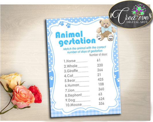 Teddy Bear Baby Shower ANIMAL GESTATION game blue, boy baby shower game gestation, digital files pdf jpg, instant download - tb001