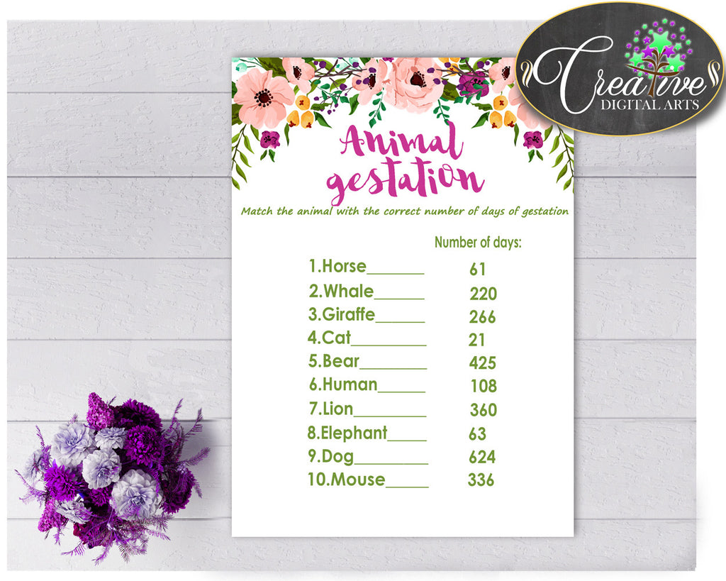 Baby Shower Girl Watercolor Flowers ANIMAL GESTATION game with floral pink printable, digital files, Jpg and Pdf, instant download - flp01