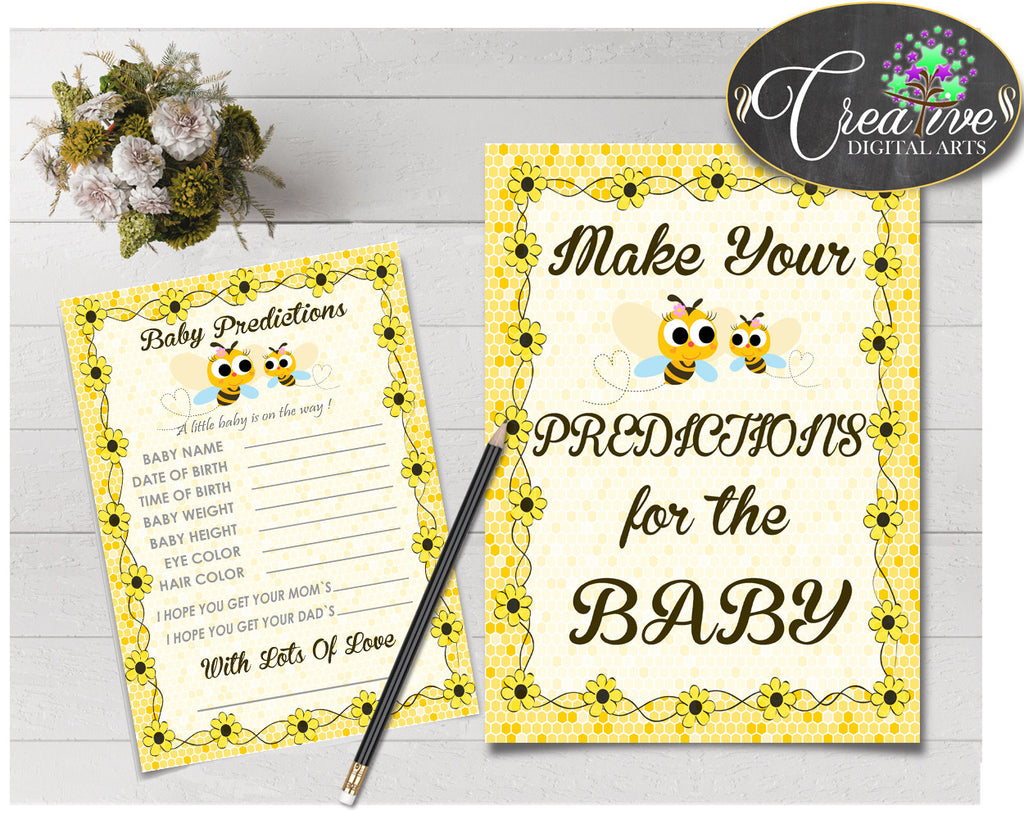 Baby PREDICTIONS sign and cards activity printable for baby shower with yellow bee theme, instant download - bee01