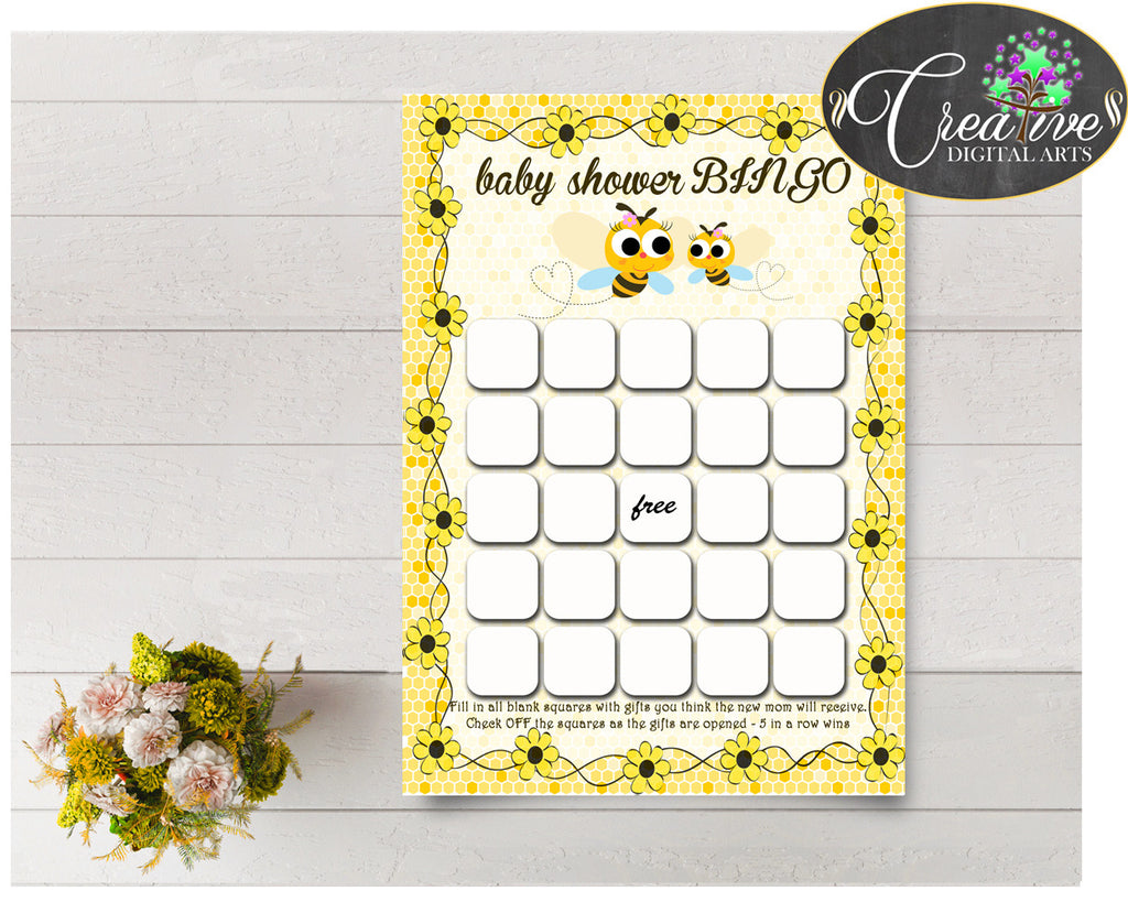Baby Shower printable BINGO GIFT cards game with yellow honey bee, digital files Jpg Pdf, instant download - bee01