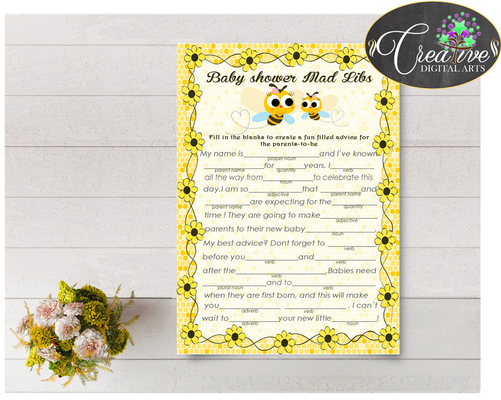 MAD LIBS baby shower game with yellow bee and honey printable, digital files Jpg and Pdf, instant download - bee01