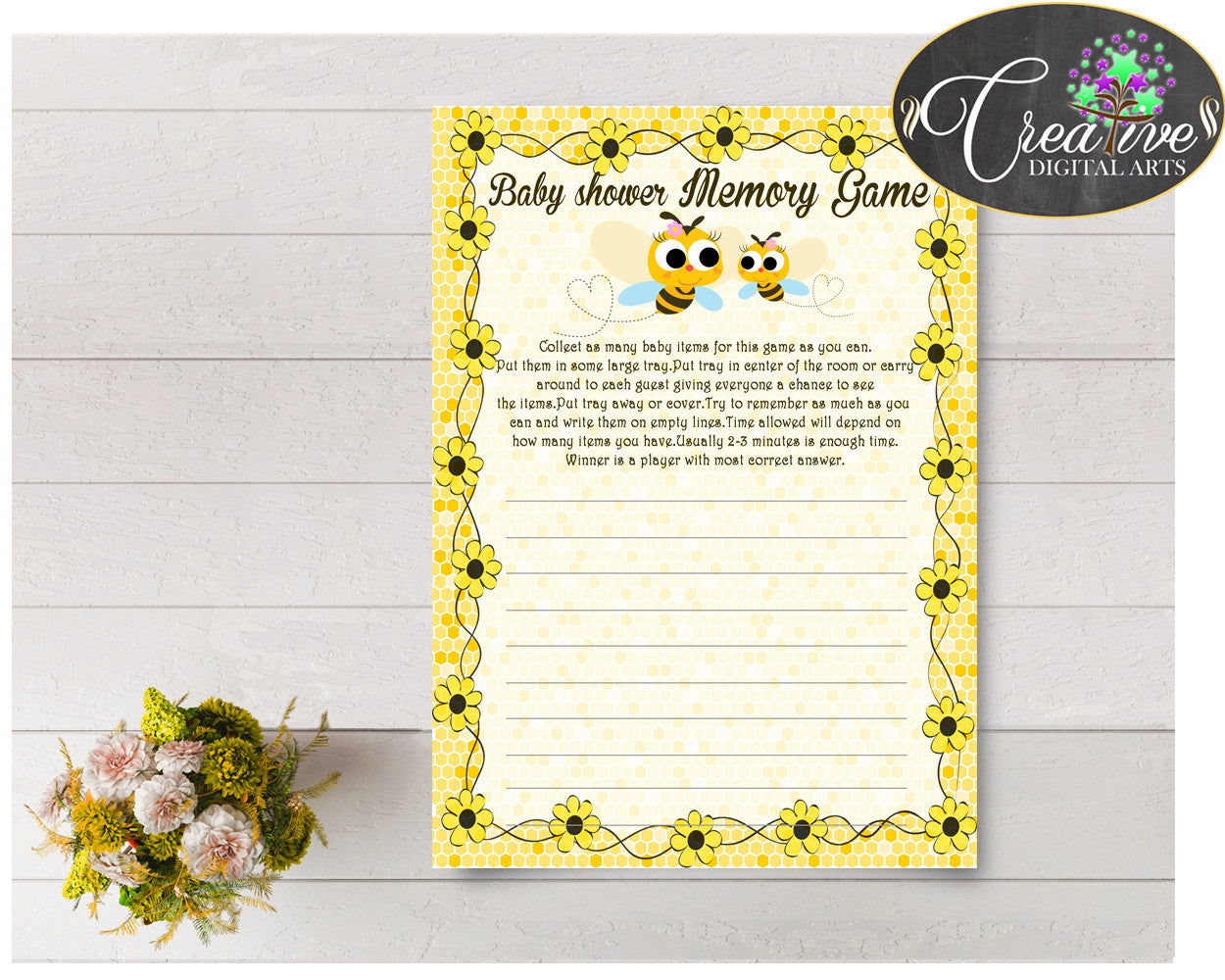 Baby Shower MEMORY game with yellow bee printable, digital file, instant download - bee01