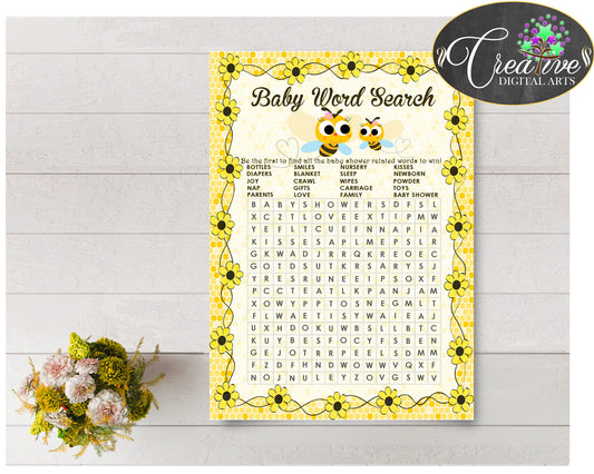 Baby Shower WORD SEARCH game with yellow bee printable, digital files, instant download - bee01