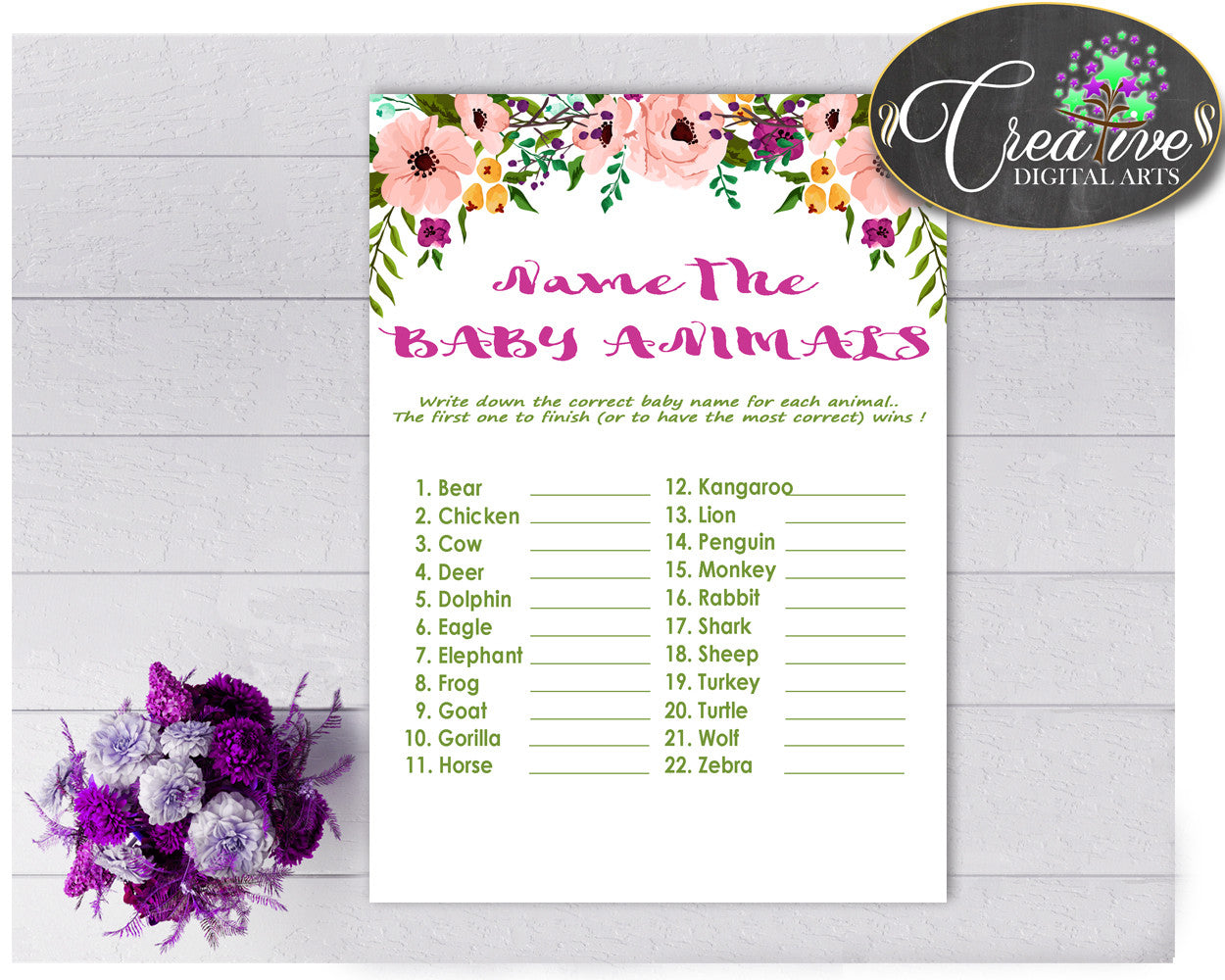 NAME The BABY ANIMALS floral baby shower girl game watercolor flowers theme printable, Jpg Pdf, instant download - flp01