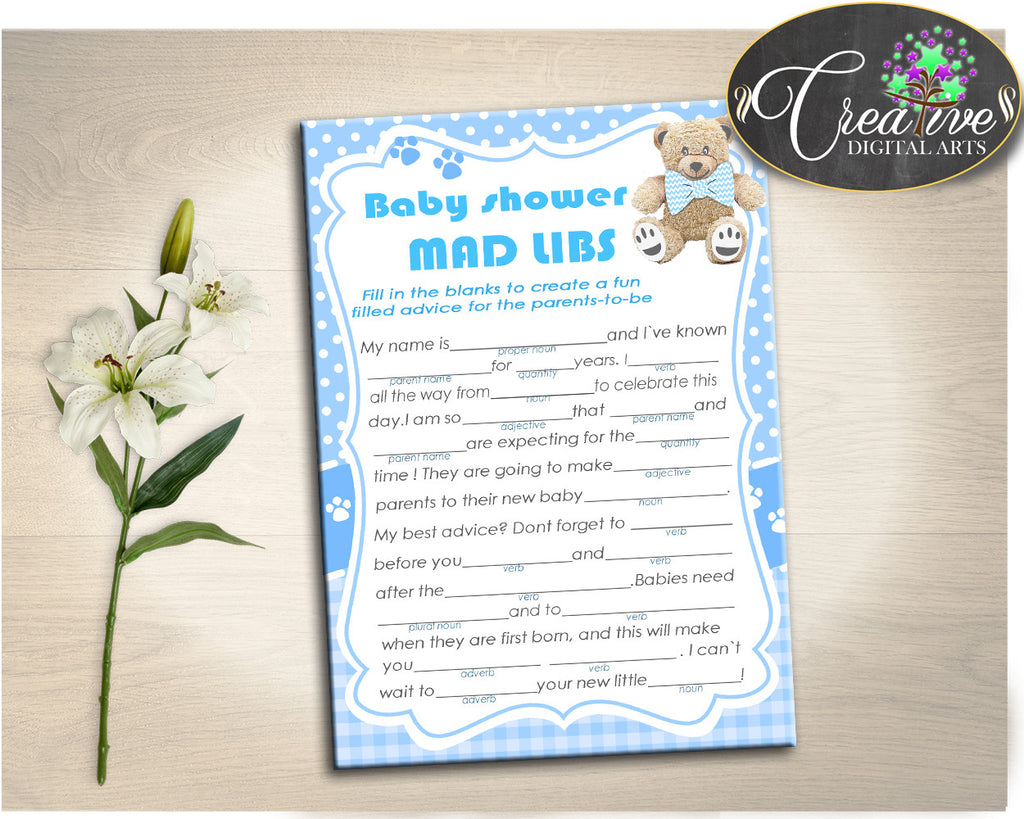Teddy Bear Baby Shower MAD LIBS game, blue baby shower game, boy baby shower game printable, digital files Jpg Pdf, instant download - tb001