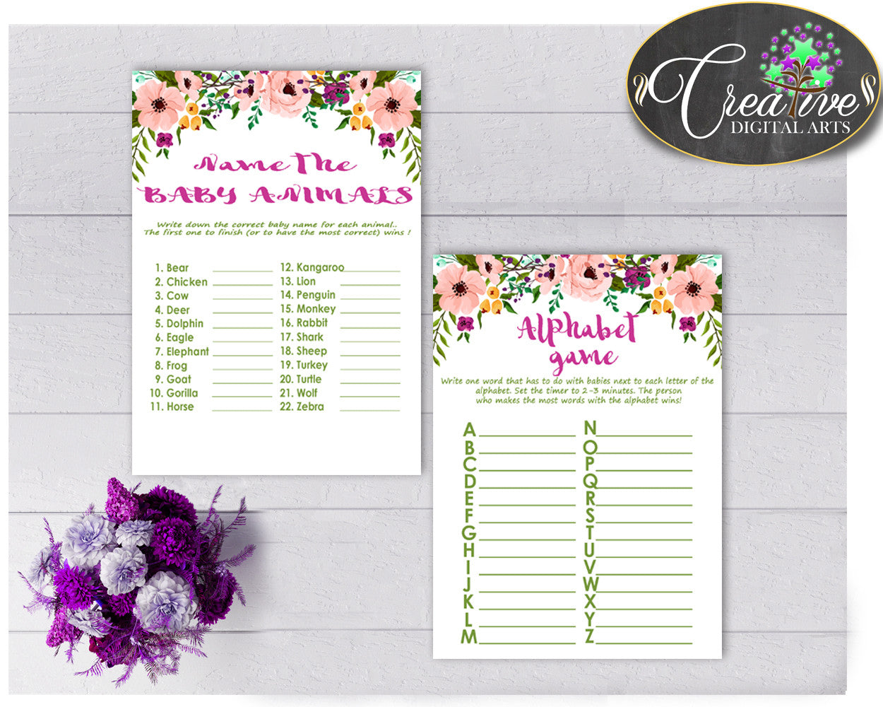 Baby Shower Girl Floral games package bundle printable watercolor flowers pink theme, 8 games pack, jpg and pdf - Instant Download - flp01