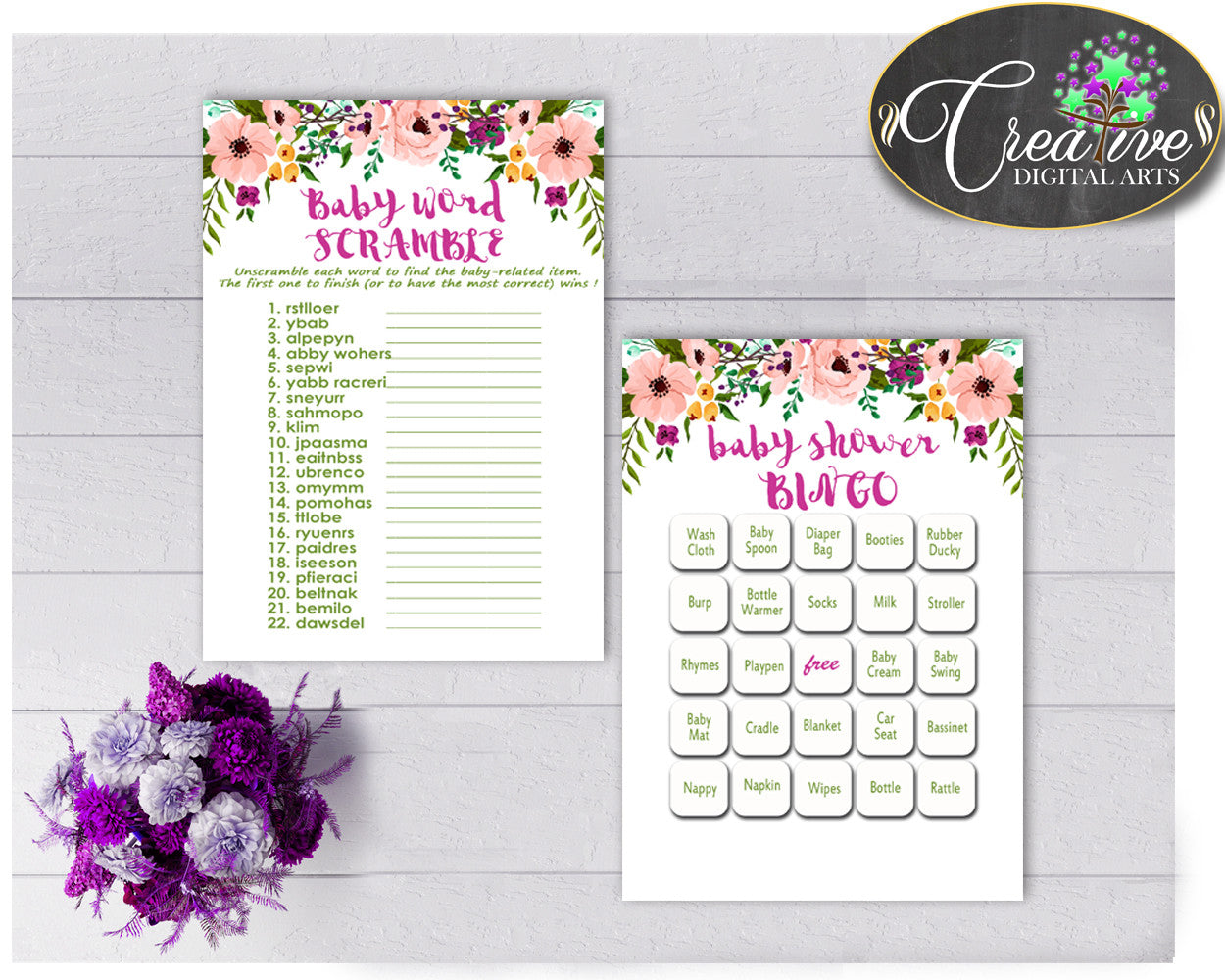 Baby Shower Girl Floral games package bundle printable watercolor flowers pink theme, 8 games pack, jpg and pdf - Instant Download - flp01