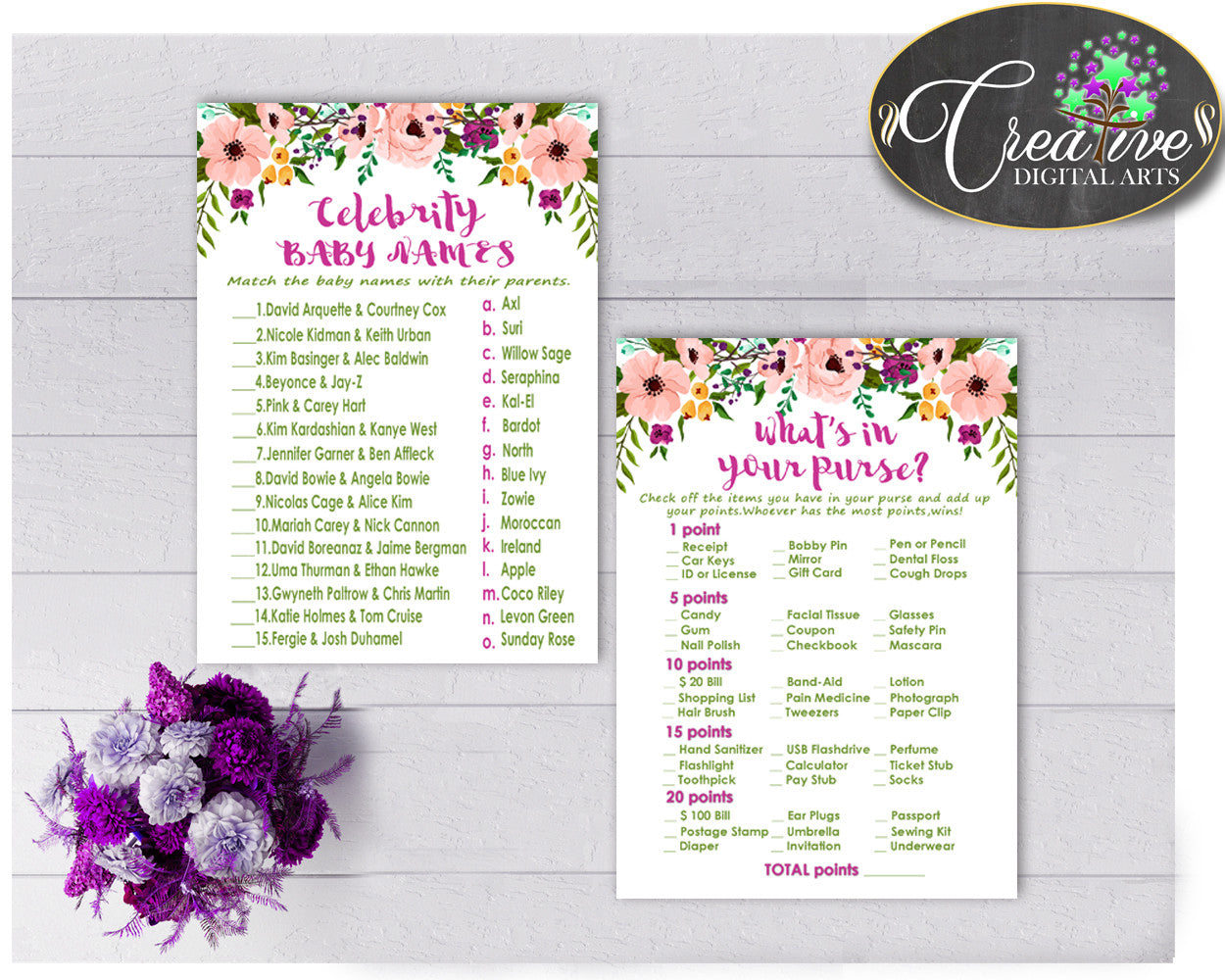 Baby Shower Girl Floral games package bundle printable watercolor flowers pink theme, 8 games pack, jpg and pdf - Instant Download - flp01