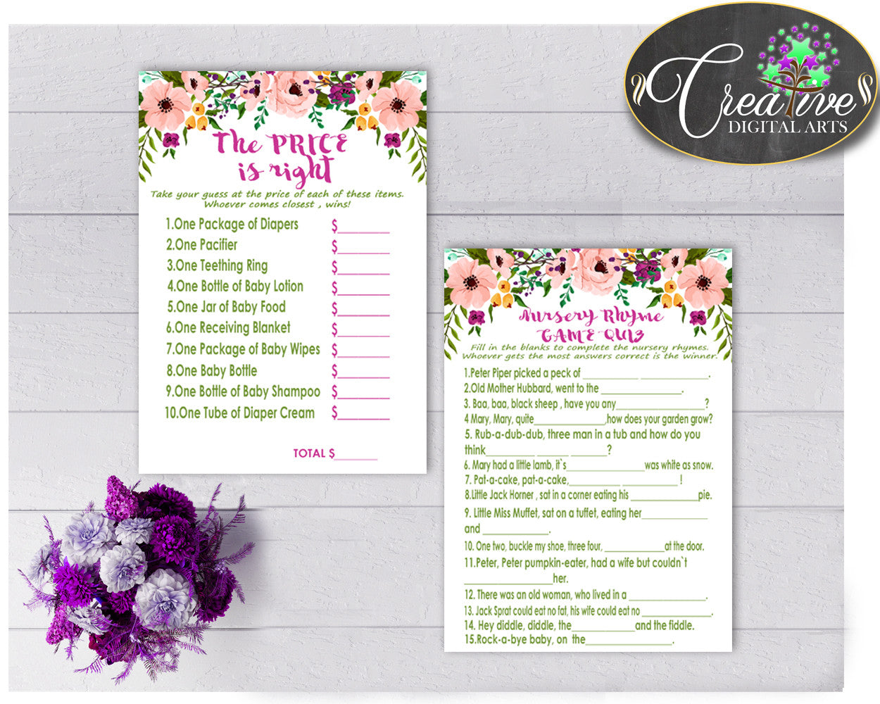 Baby Shower Girl Floral games package bundle printable watercolor flowers pink theme, 8 games pack, jpg and pdf - Instant Download - flp01