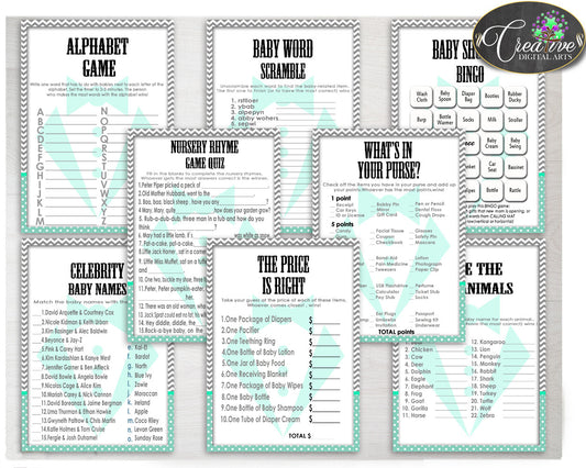 Baby Shower Little Man games gentleman package bundle printable with mint green gray color theme, 8 games pack - Instant Download - lm001