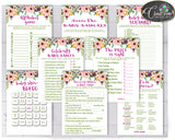 Baby Shower Girl Floral games package bundle printable watercolor flowers pink theme, 8 games pack, jpg and pdf - Instant Download - flp01