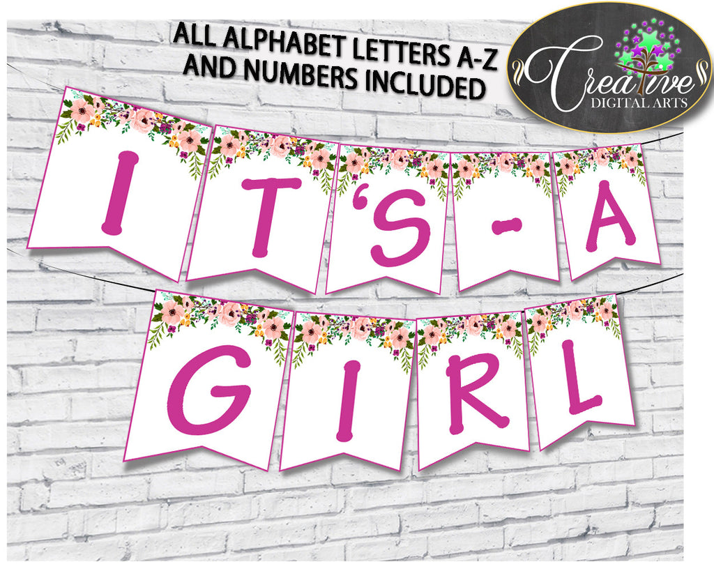 Baby shower girl Watercolor Flowers BANNER all letters decoration printable in floral pink theme, digital files, instant download - flp01