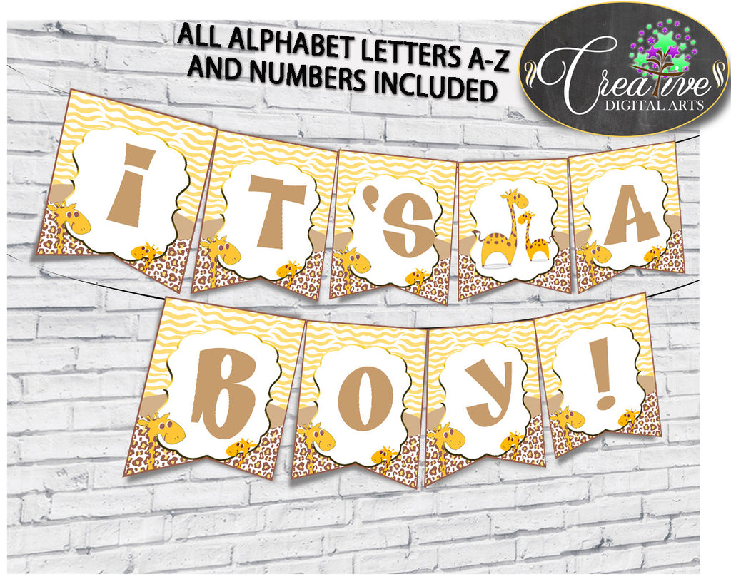 Giraffe Baby Shower BANNER all letters, boy or girl shower banner brown yellow printable theme, digital file, instant download - sa001