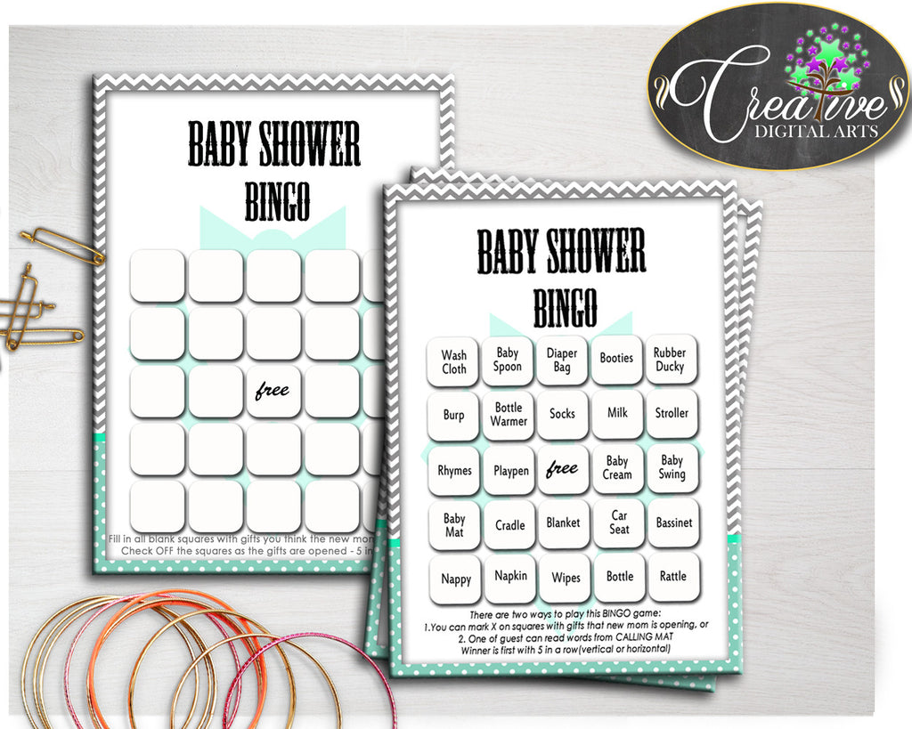 Baby Shower Gentleman Little Man BINGO 60 cards game and empty gift BINGO mint green gray color theme printable, instant download - lm001