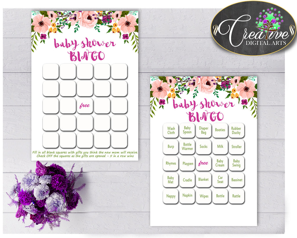 Baby Shower Watercolor Flowers BINGO 60 cards and empty gift BINGO cards floral pink theme printable, Jpg and Pdf, instant download - flp01
