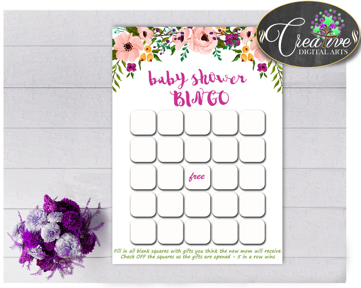 Floral Baby Shower girl printable BINGO GIFT cards game with watercolor flowers pink green purple theme, Jpg Pdf, instant download - flp01