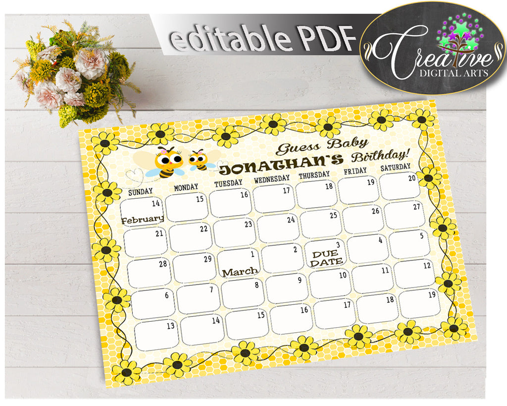 Baby Shower BIRTHDAY PREDICTION due date calendar editable with yellow bee theme printable, instant download - bee01