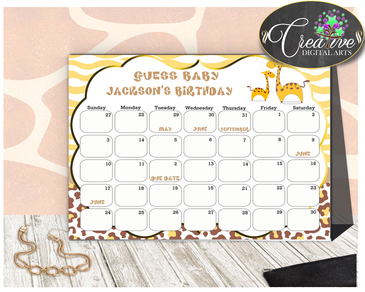 Giraffe Baby Shower GUESS BABY BIRTHDAY editable due date calendar baby shower boy or girl printable brown yellow, instant download - sa001