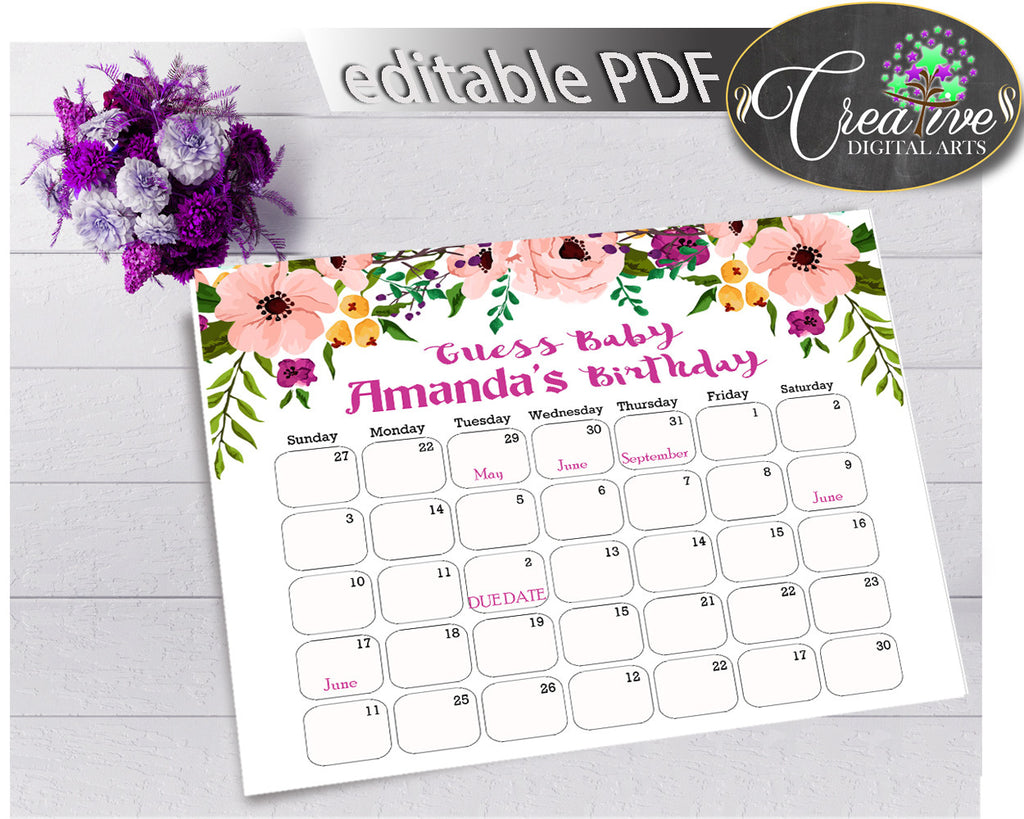 Baby Shower Girl BIRTHDAY PREDICTION Floral due date calendar editable watercolor flowers pink theme printable, instant download - flp01