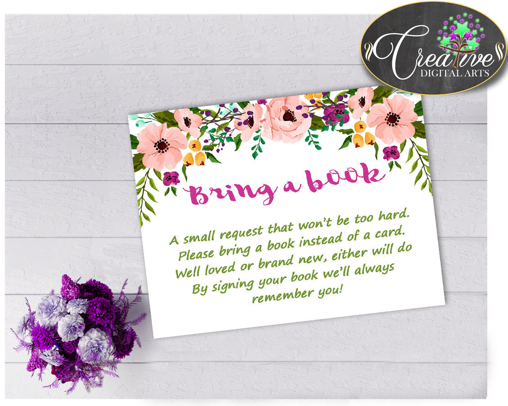 Baby Shower Girl Watercolor Flowers BRING A BOOK insert cards printable for baby shower floral theme, Jpg Pdf, instant download - flp01