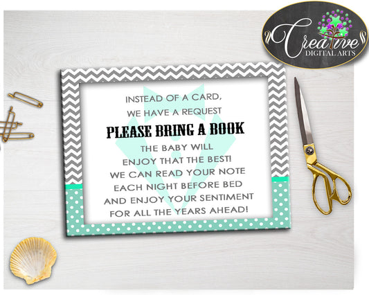 Baby shower Little Man Gentleman BRING A BOOK insert cards printable with mint green and gray color theme, jpg pdf, instant download - lm001