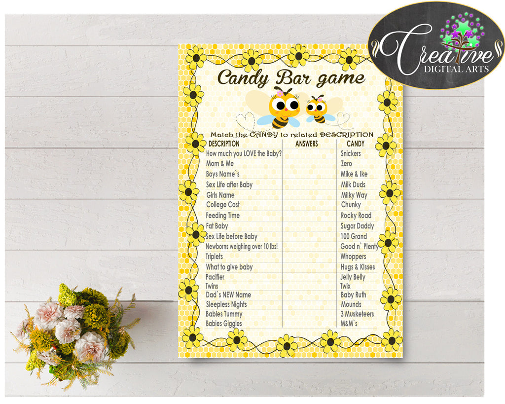 CANDY BAR baby shower game with yellow bee, digital files, instant download - bee01