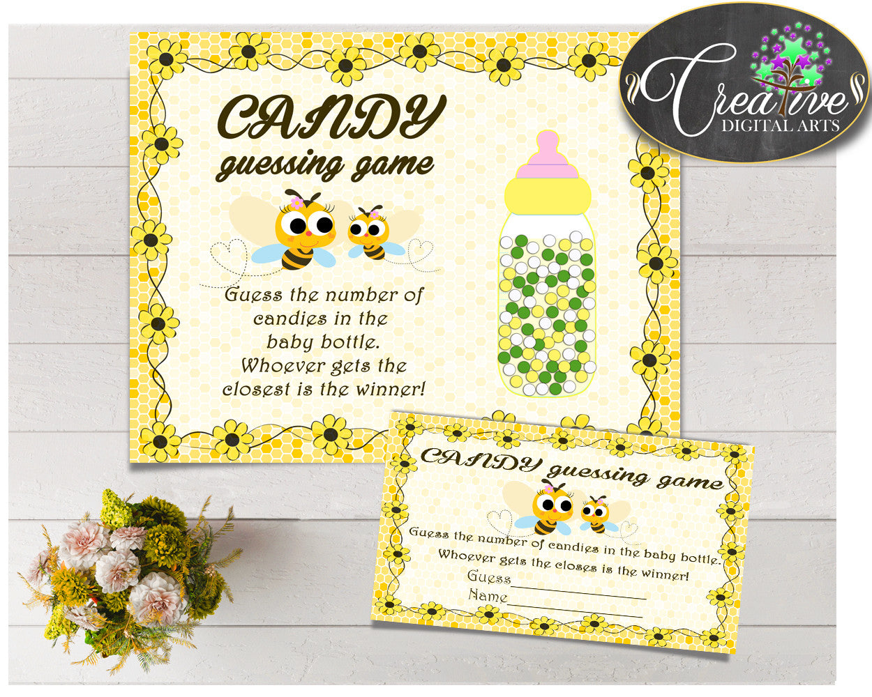 CANDY GUESSING GAME sign and tickets for baby shower with yellow bee printable, Jpg, Pdf, instant download - bee01