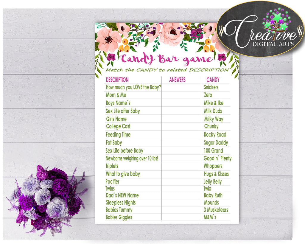 Watercolor Flowers CANDY BAR baby shower girl game with floral pink green theme printable, digital files, Jpg Pdf, instant download - flp01