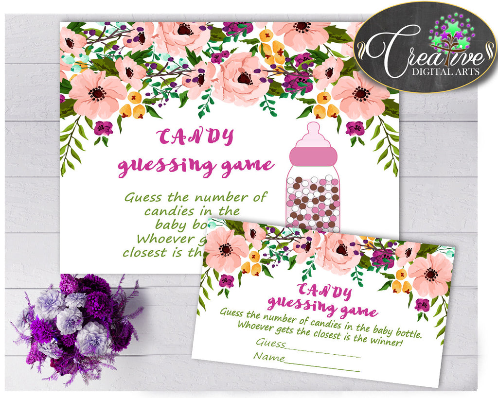 Floral CANDY GUESSING GAME sign and tickets for baby girl shower watercolor flowers pink theme printable, Jpg Pdf, instant download - flp01
