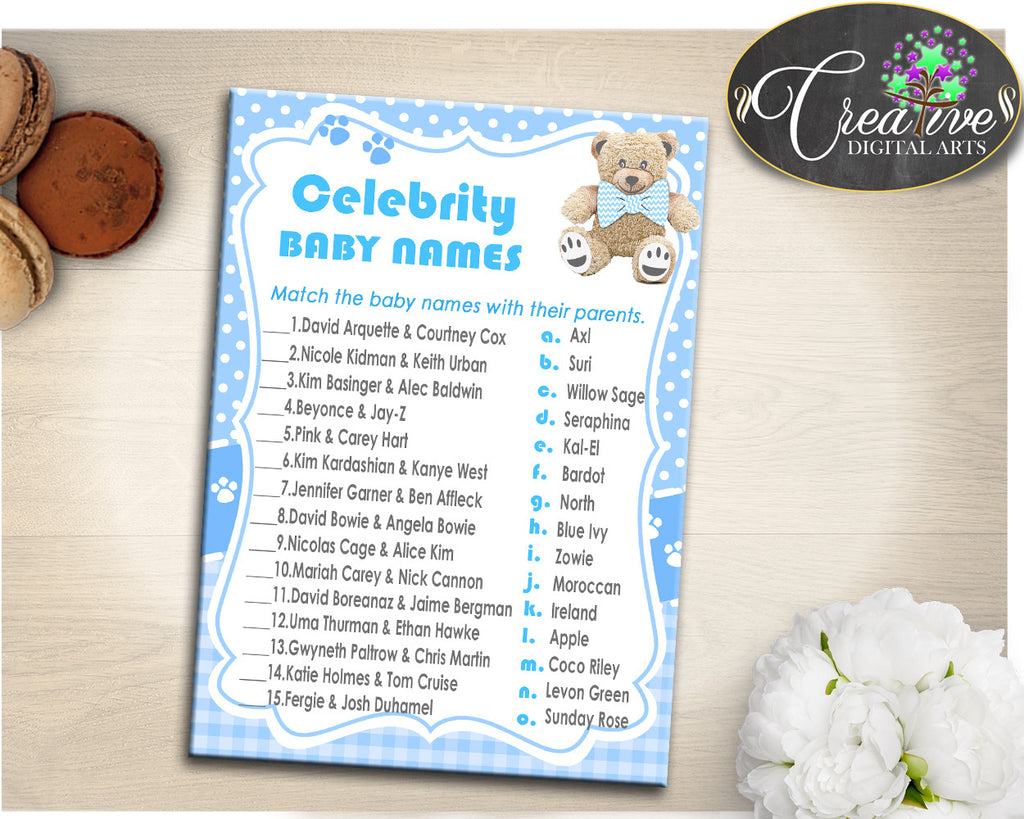 CELEBRITY BABY NAMES teddy bear baby shower boy game, blue baby shower teddy bear printable, digital files jpg pdf, instant download - tb001
