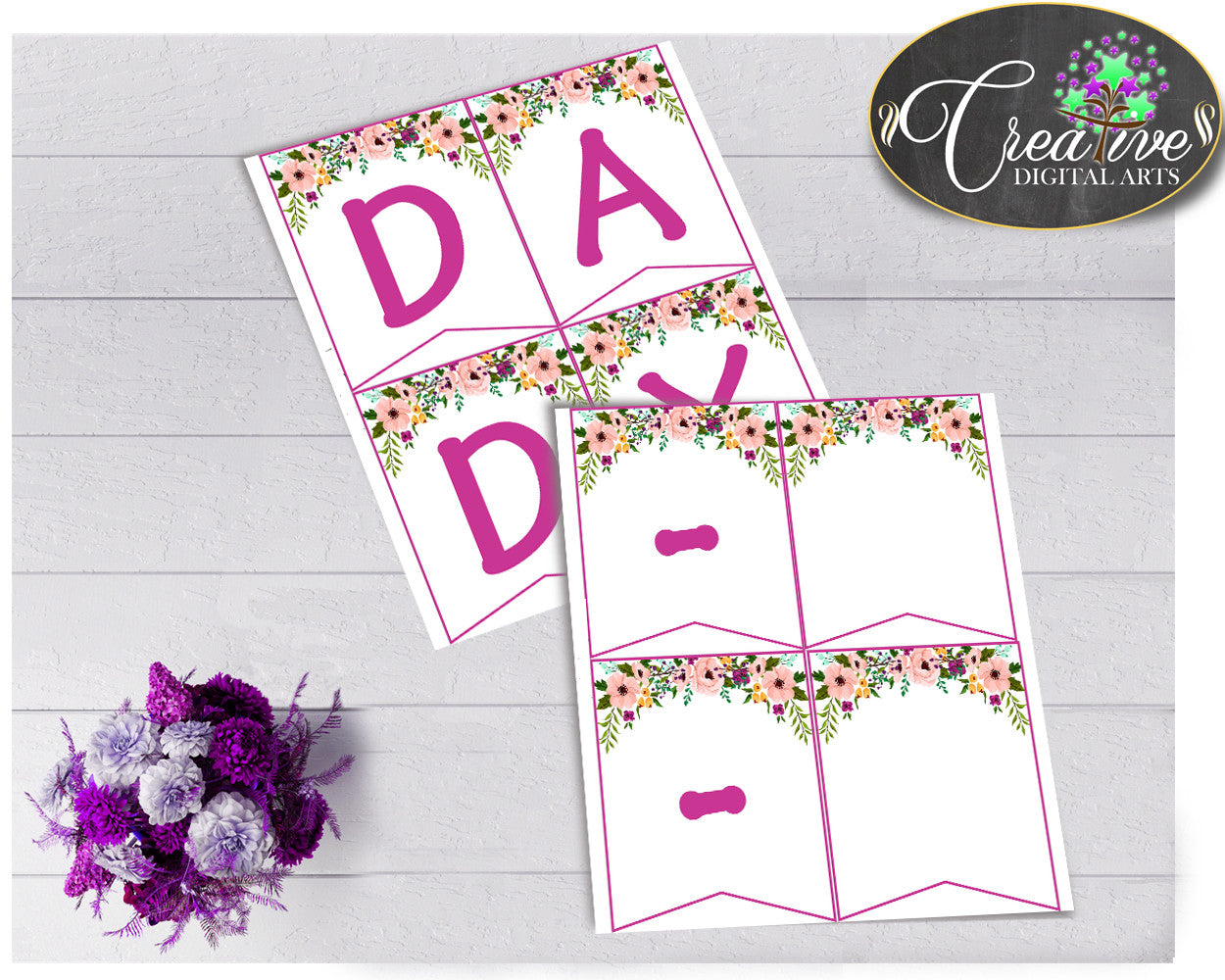 Baby shower girl CHAIR BANNER decoration printable watercolor flowers pink green theme, digital files Jpg Pdf, instant download - flp01