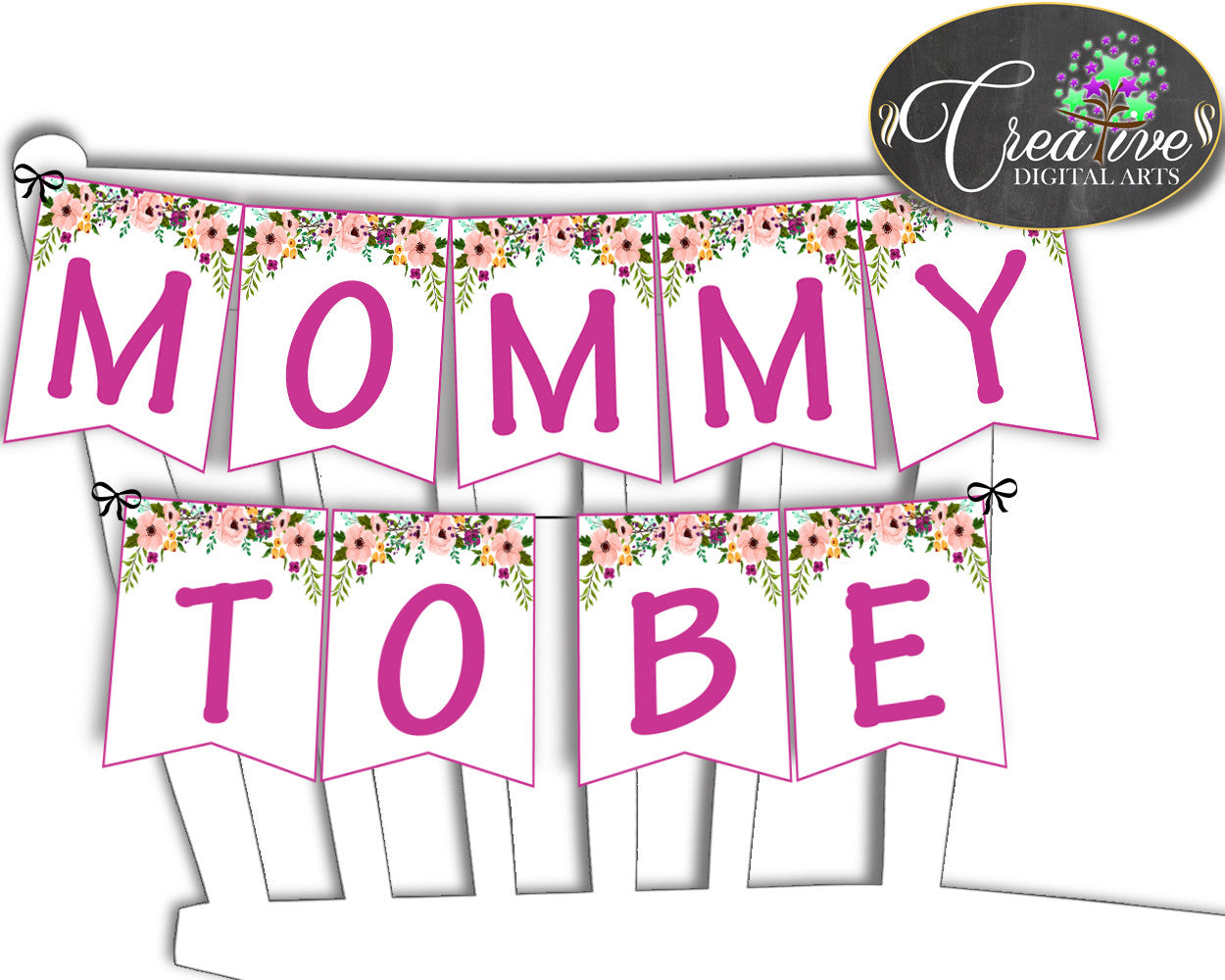 Baby shower girl CHAIR BANNER decoration printable watercolor flowers pink green theme, digital files Jpg Pdf, instant download - flp01