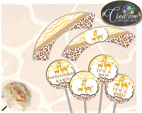 Giraffe Baby Shower Boy or Girl CUPCAKE TOPPERS and cupcake WRAPPERS printable brown yellow theme, digital Jpg Pdf, instant download - sa001