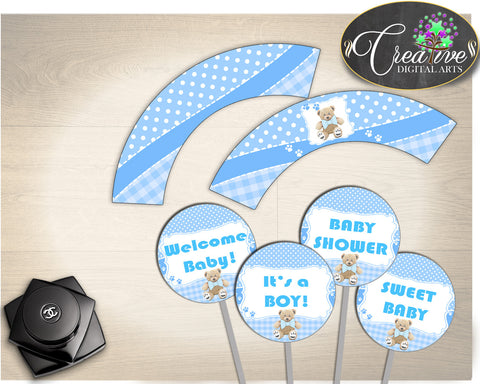 Baby Shower Teddy Bear CUPCAKE TOPPERS and WRAPPERS printable, boy baby shower blue, digital Jpg and Pdf, instant download - tb001