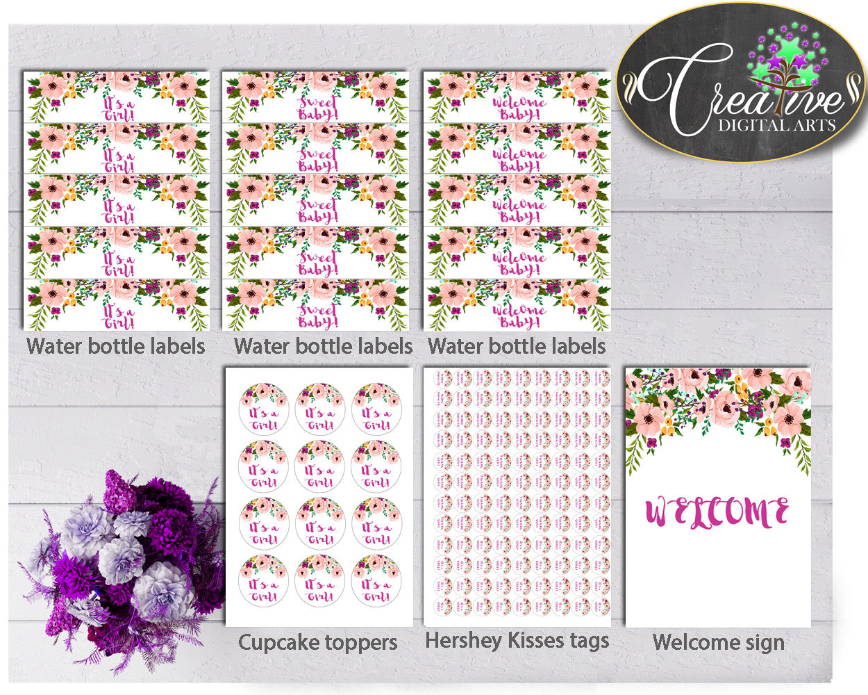 Baby Girl Shower Decoration Flowers package bundle printable with floral pink green purple theme, Jpg Pdf - Instant Download - flp01