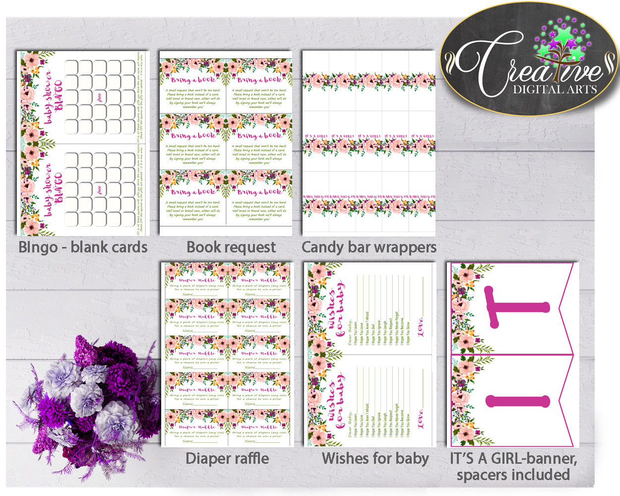 Baby Girl Shower Decoration Flowers package bundle printable with floral pink green purple theme, Jpg Pdf - Instant Download - flp01